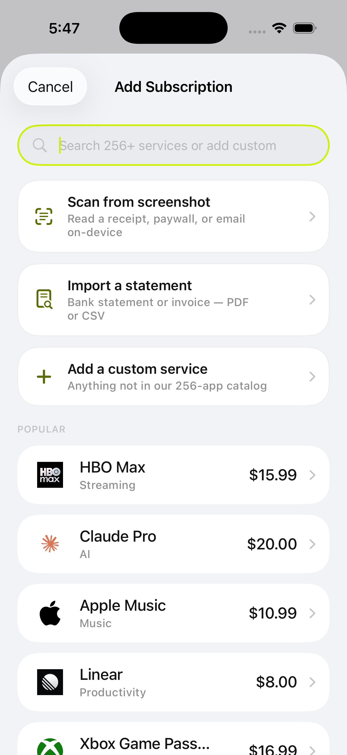 Subtle — Add subscription (light mode)