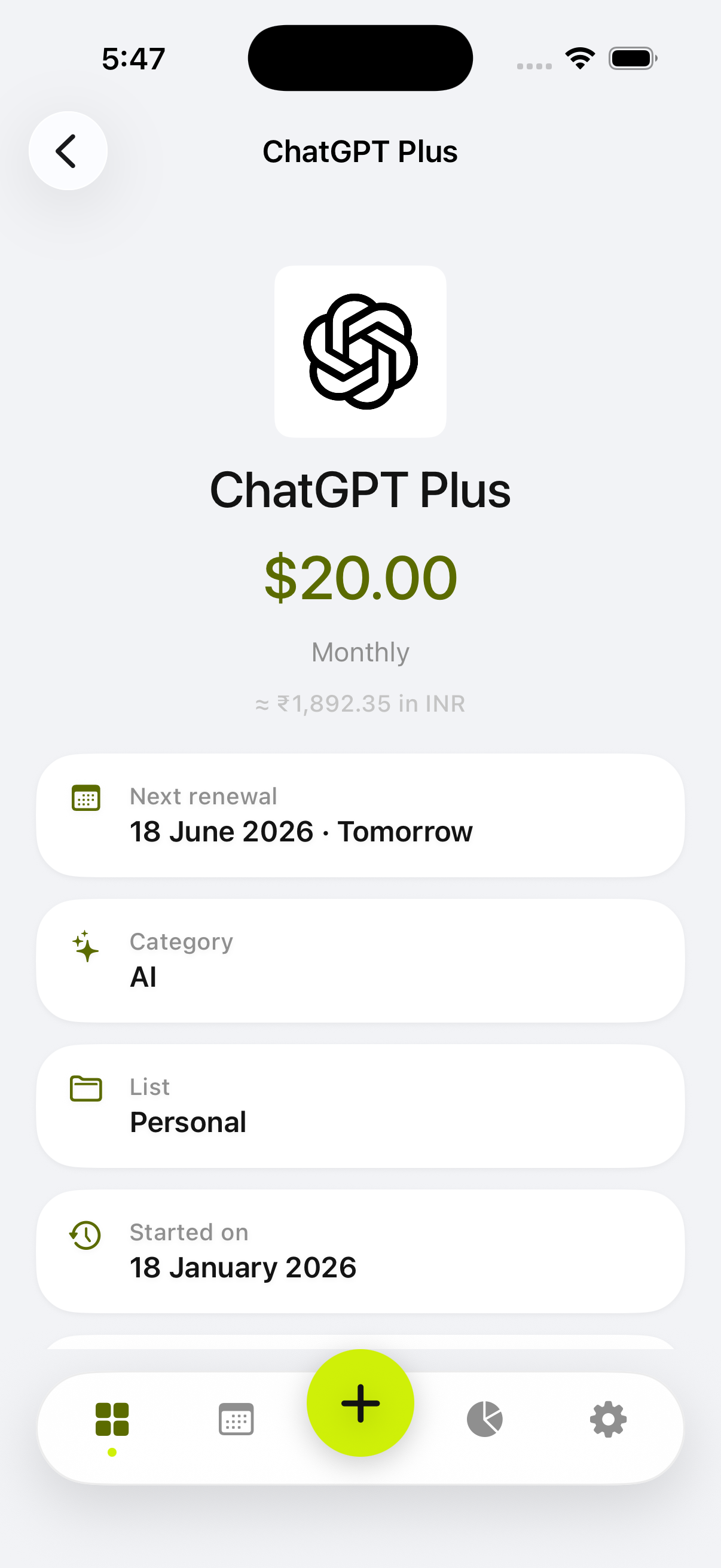 Subtle — Subscription (light mode)