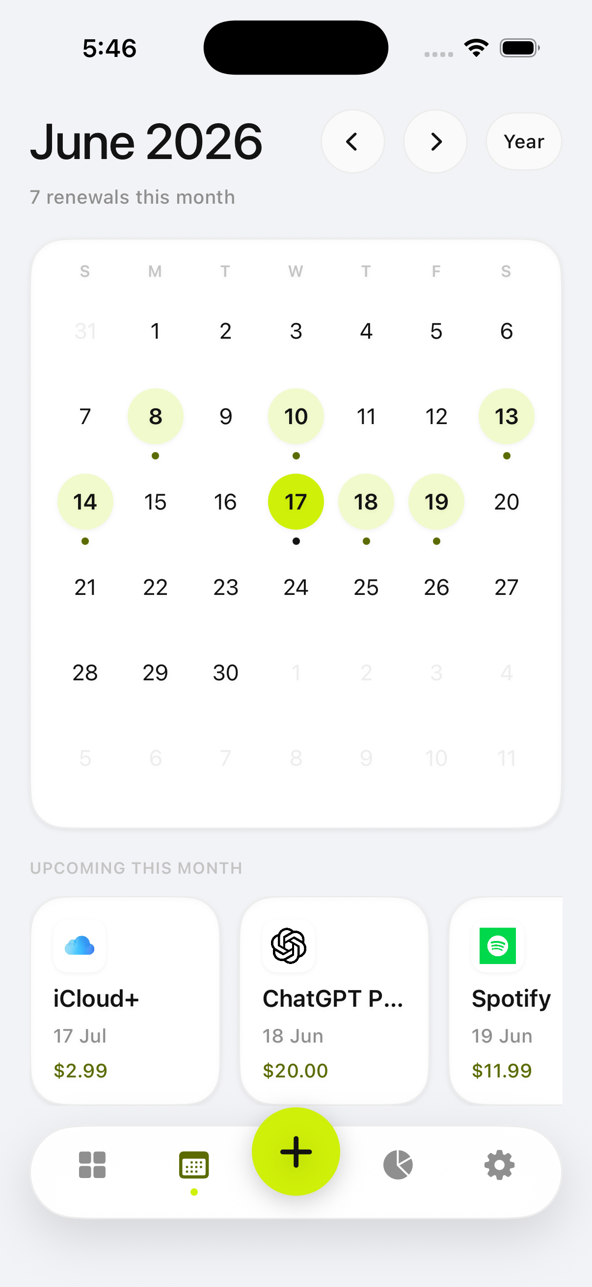 Subtle — Calendar (light mode)